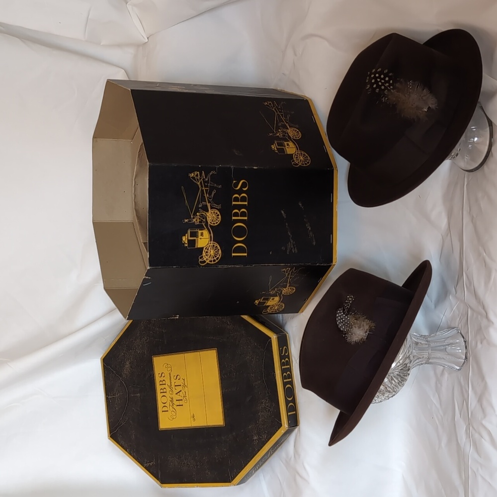 Two Classic Dark Brown Fedoras with Original Hat box Circa 1940's